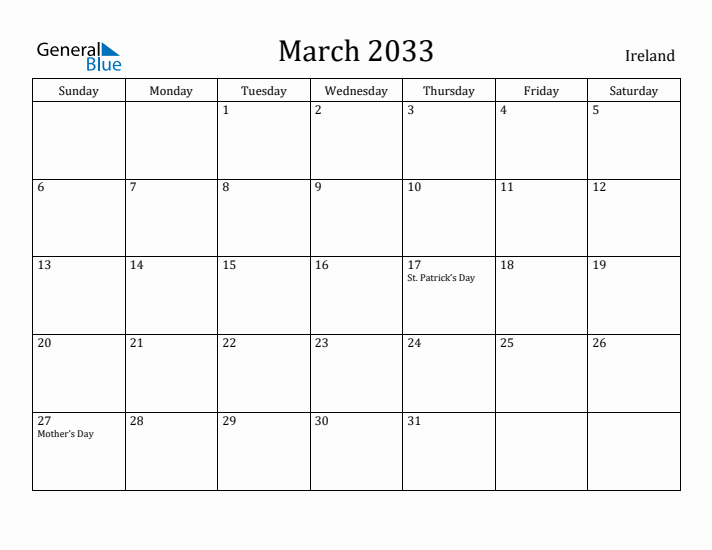 March 2033 Calendar Ireland