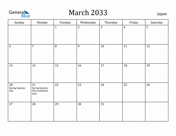 March 2033 Calendar Japan
