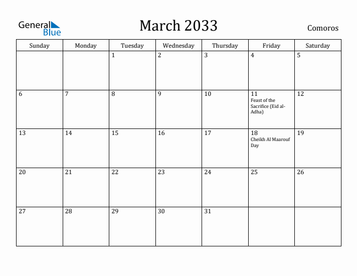 March 2033 Calendar Comoros