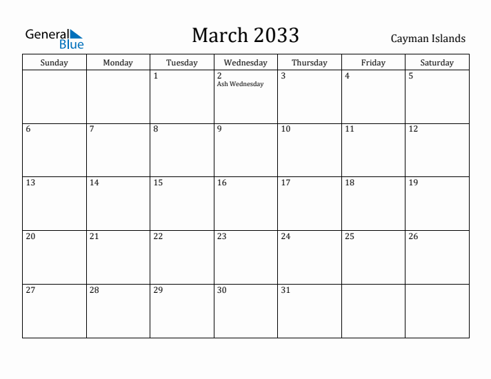 March 2033 Calendar Cayman Islands