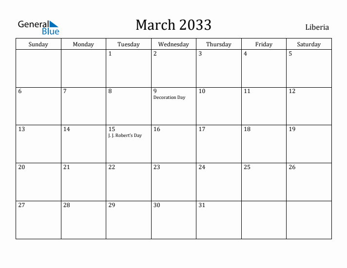 March 2033 Calendar Liberia