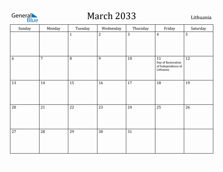 March 2033 Calendar Lithuania