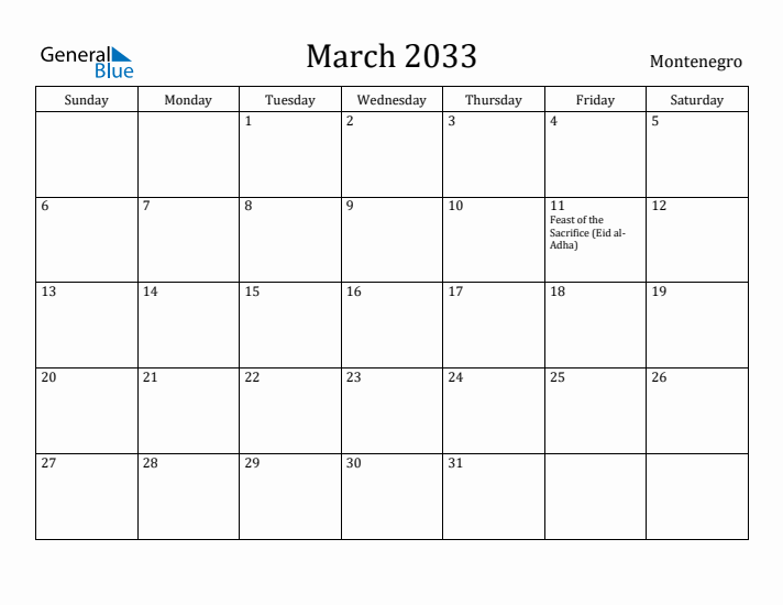 March 2033 Calendar Montenegro