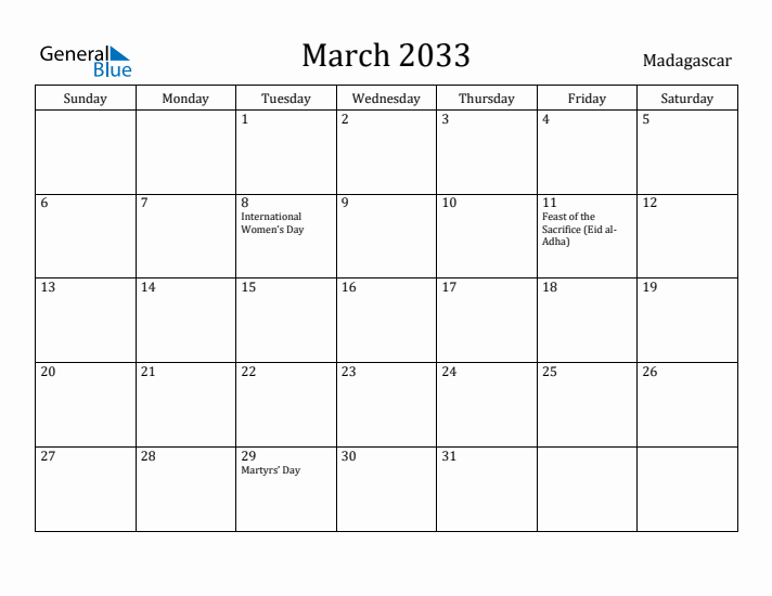 March 2033 Calendar Madagascar