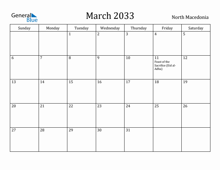 March 2033 Calendar North Macedonia