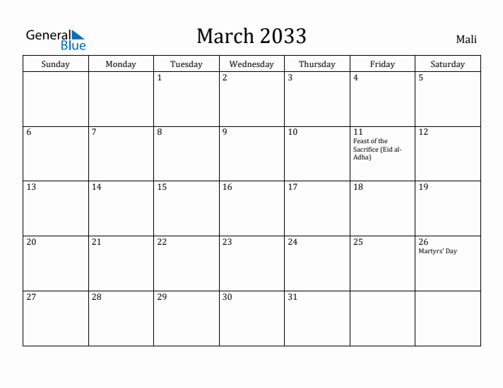 March 2033 Calendar Mali