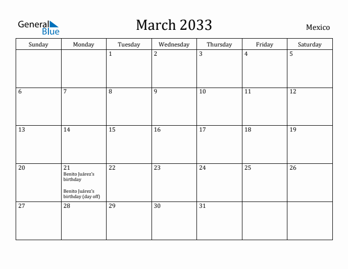 March 2033 Calendar Mexico