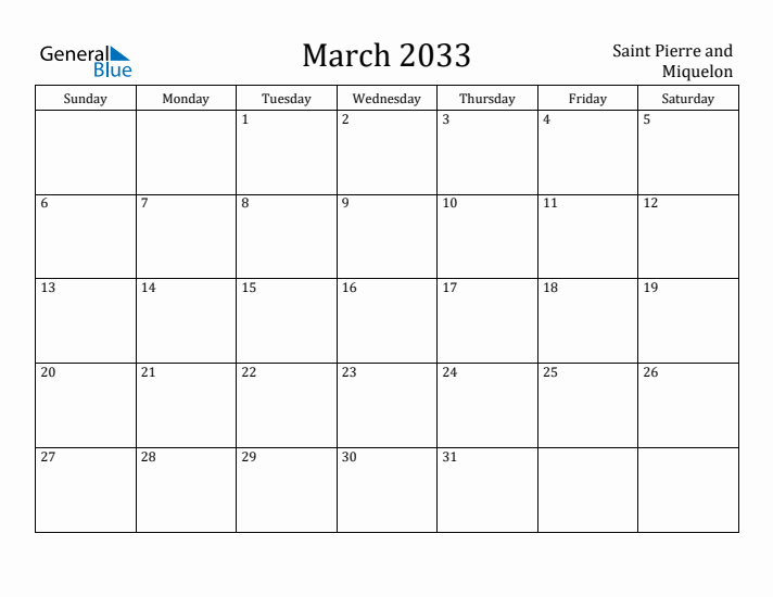 March 2033 Calendar Saint Pierre and Miquelon