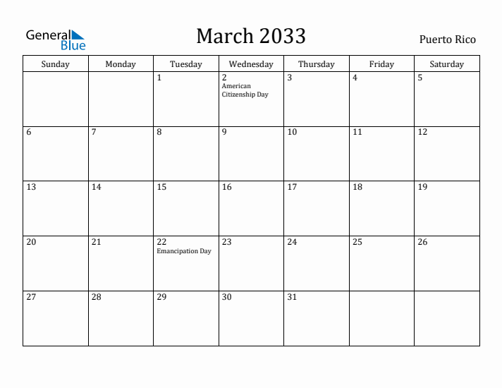 March 2033 Calendar Puerto Rico