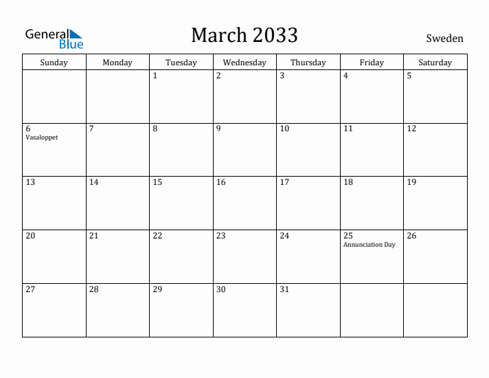 March 2033 Calendar Sweden