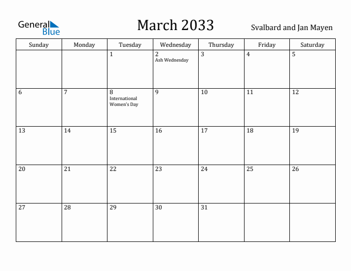 March 2033 Calendar Svalbard and Jan Mayen