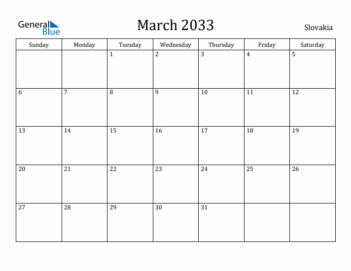 March 2033 Calendar Slovakia