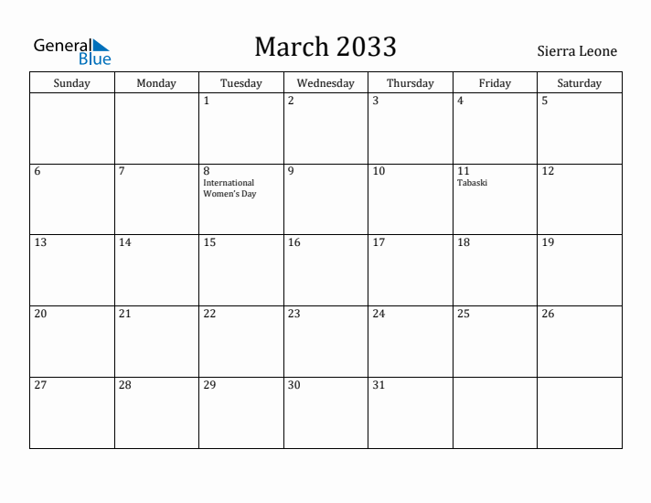 March 2033 Calendar Sierra Leone