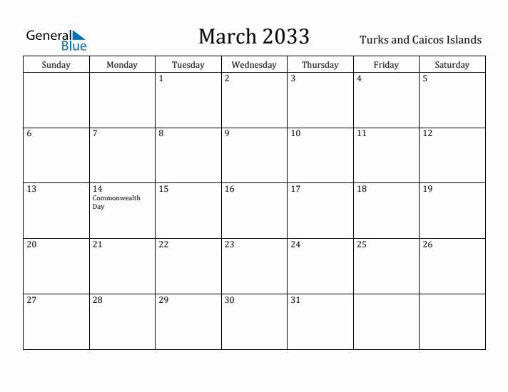 March 2033 Calendar Turks and Caicos Islands