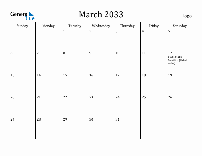 March 2033 Calendar Togo