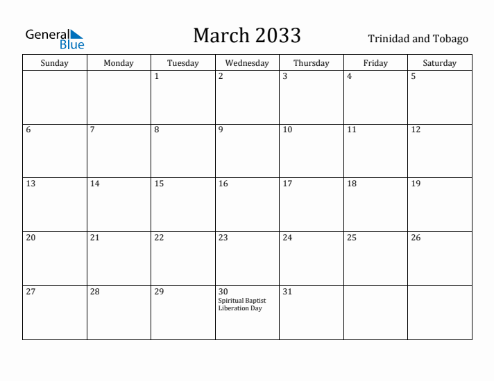 March 2033 Calendar Trinidad and Tobago