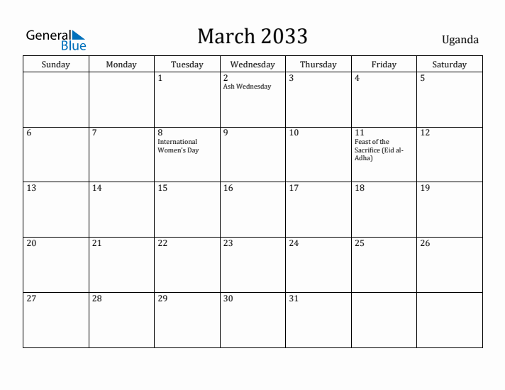 March 2033 Calendar Uganda