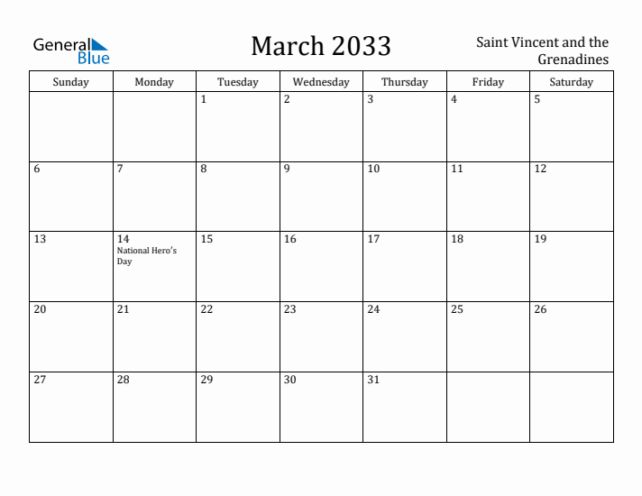 March 2033 Calendar Saint Vincent and the Grenadines