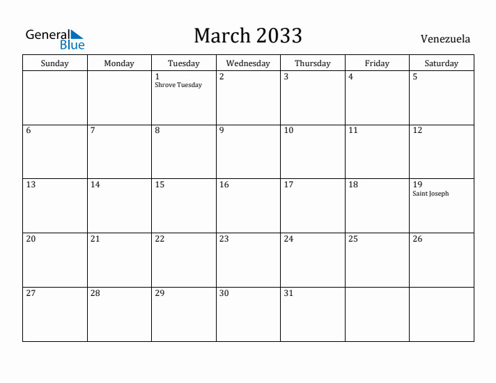 March 2033 Calendar Venezuela