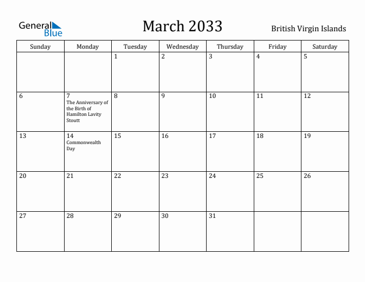 March 2033 Calendar British Virgin Islands