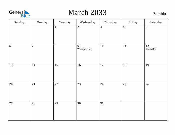 March 2033 Calendar Zambia