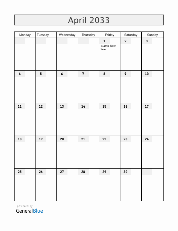 United Arab Emirates April 2033 Calendar with Holidays