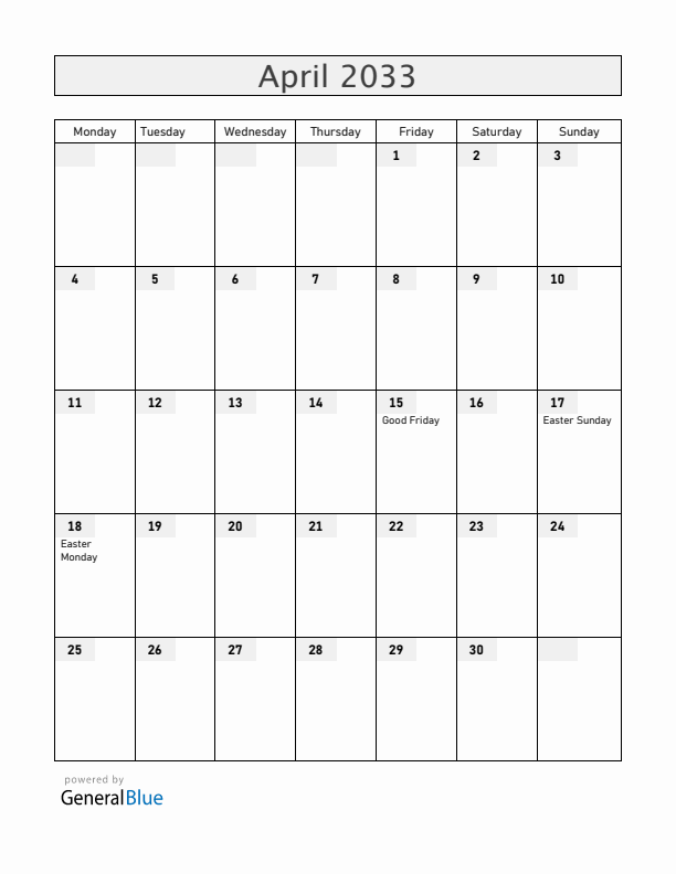 Anguilla April 2033 Calendar with Holidays