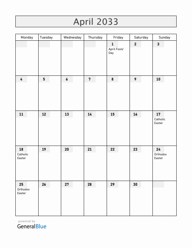 Albania April 2033 Calendar with Holidays
