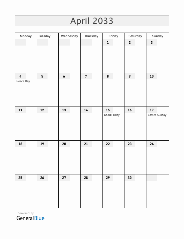Angola April 2033 Calendar with Holidays