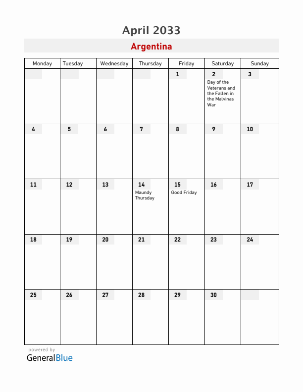 Argentina April 2033 Calendar with Holidays