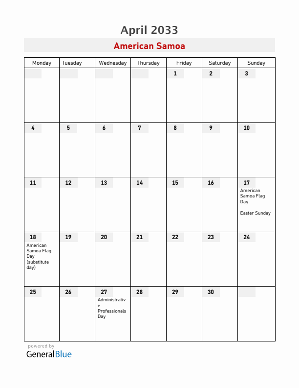 American Samoa April 2033 Calendar with Holidays