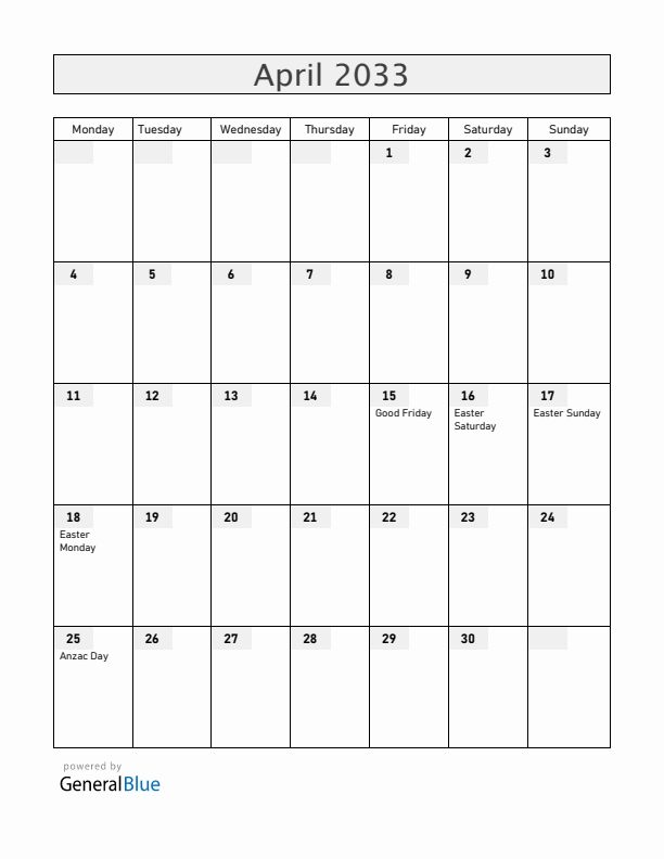 Australia April 2033 Calendar with Holidays