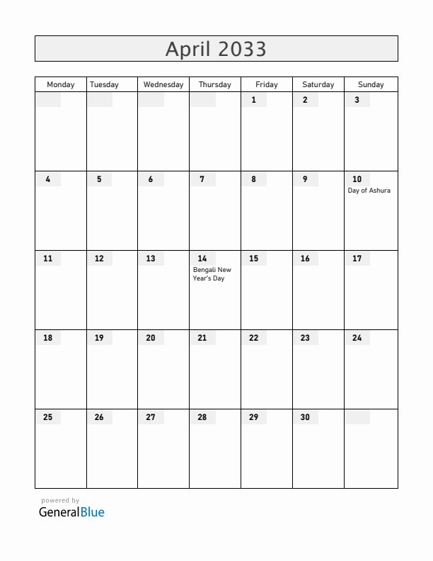 Bangladesh April 2033 Calendar with Holidays