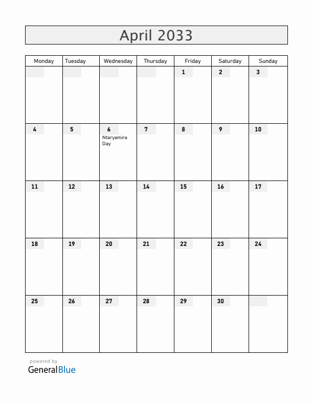 Burundi April 2033 Calendar with Holidays