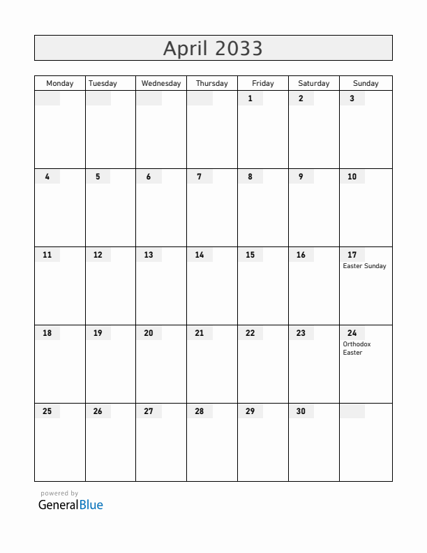Belarus April 2033 Calendar with Holidays