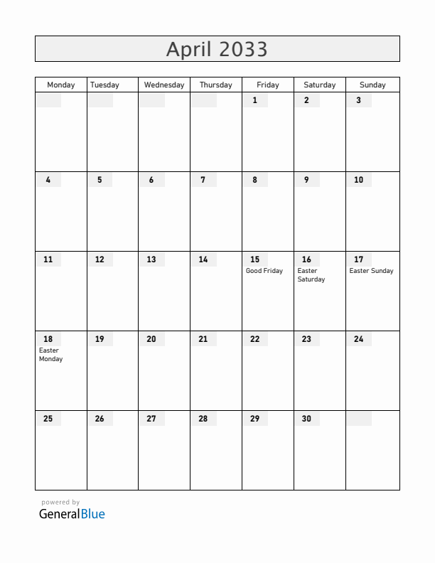 Belize April 2033 Calendar with Holidays