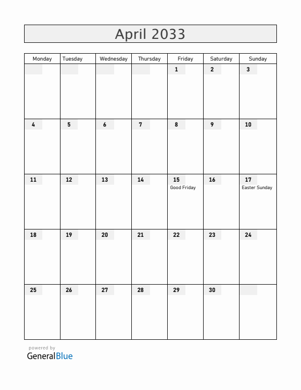 Canada April 2033 Calendar with Holidays