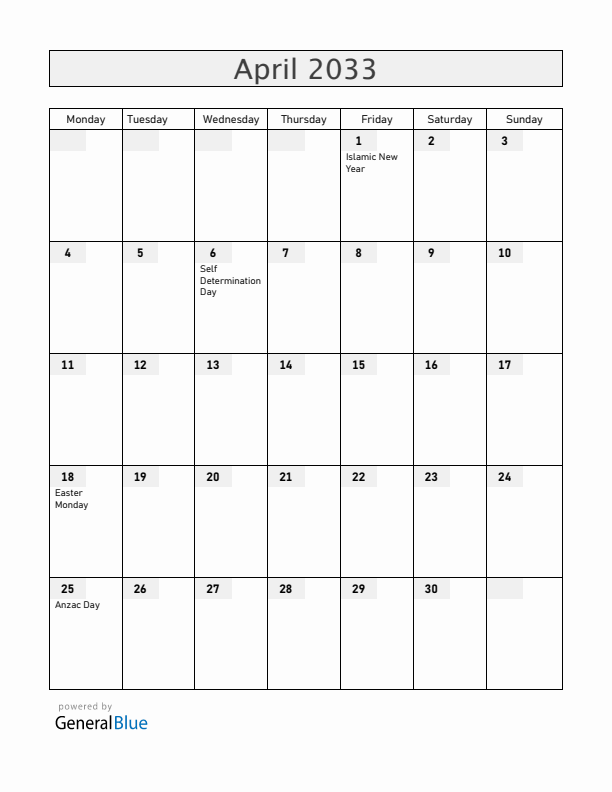 Cocos Islands April 2033 Calendar with Holidays
