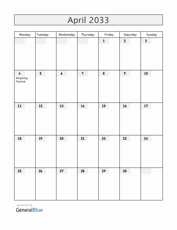 China April 2033 Calendar with Holidays