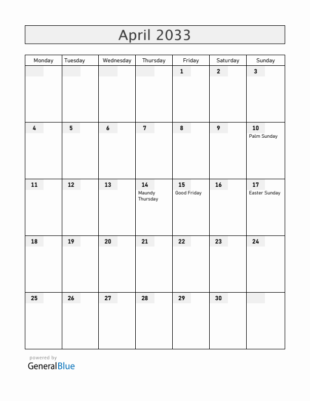 Colombia April 2033 Calendar with Holidays