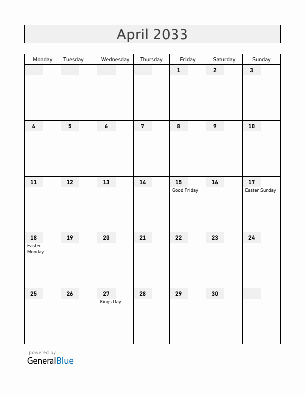 Curacao April 2033 Calendar with Holidays