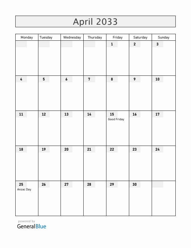 Christmas Island April 2033 Calendar with Holidays