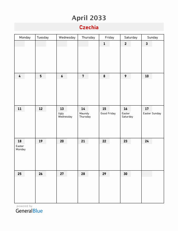 Czechia April 2033 Calendar with Holidays