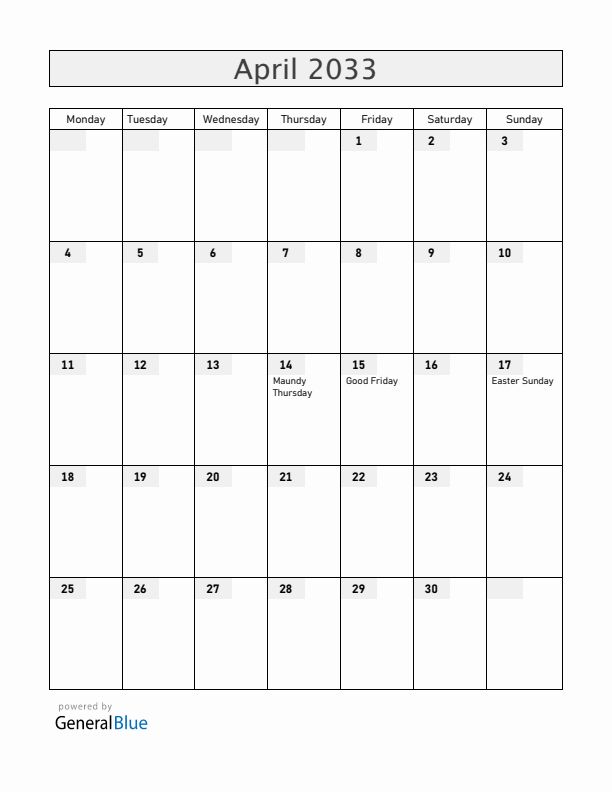 Ecuador April 2033 Calendar with Holidays
