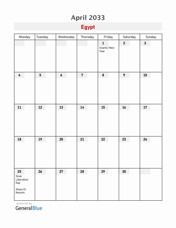 Egypt April 2033 Calendar with Holidays
