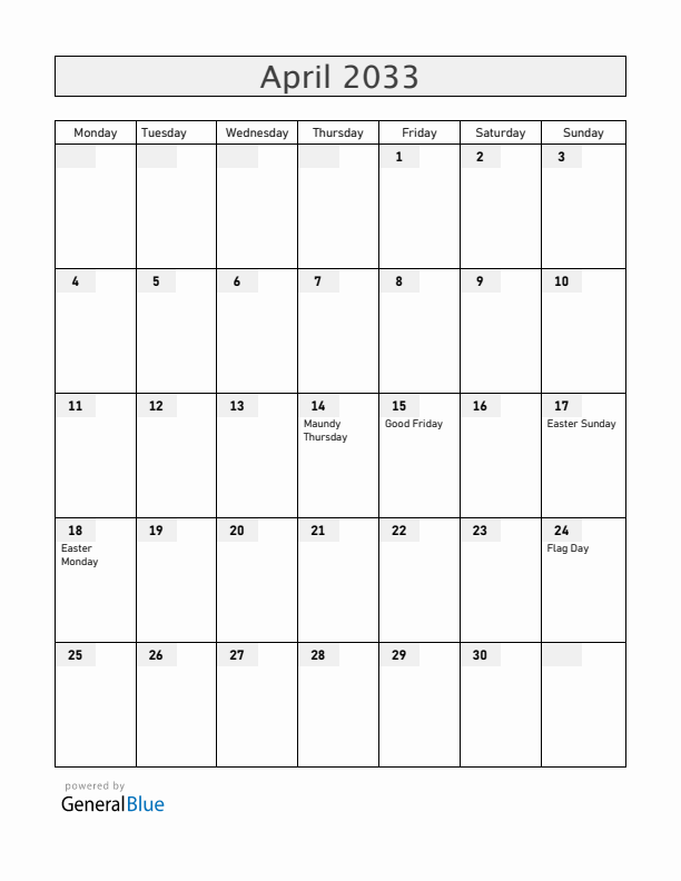 Faroe Islands April 2033 Calendar with Holidays