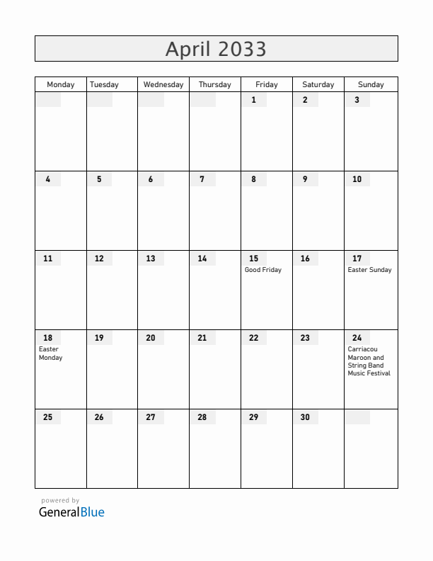 Grenada April 2033 Calendar with Holidays