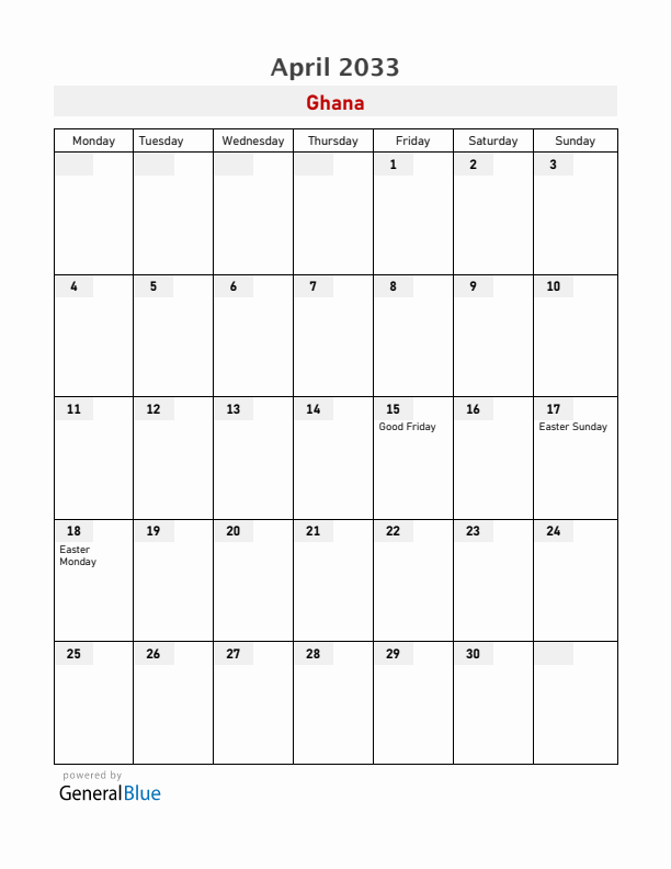 Ghana April 2033 Calendar with Holidays
