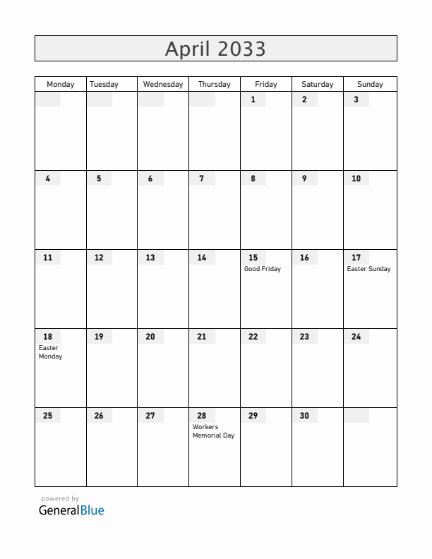 Gibraltar April 2033 Calendar with Holidays