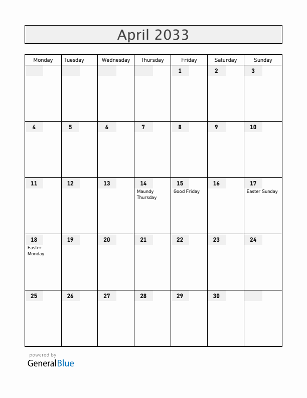 Greenland April 2033 Calendar with Holidays